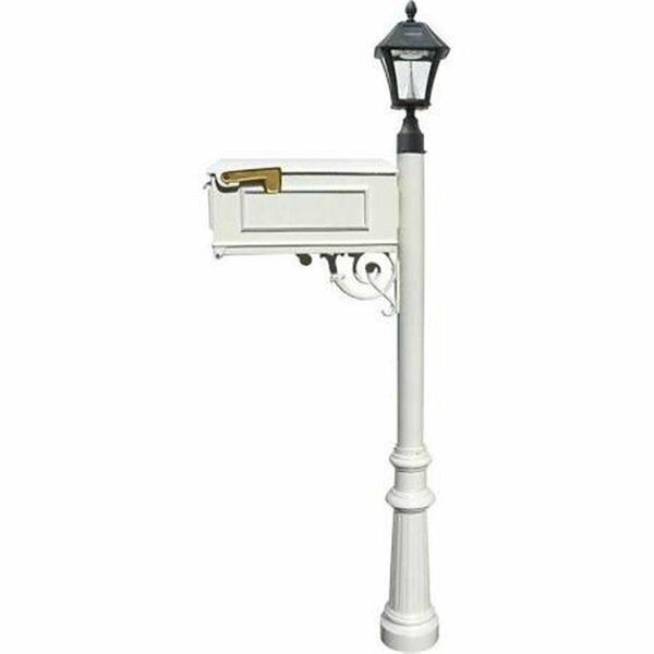 Lewiston Mailbox Post System with Fluted Base & Bayview Solar Lamp & 3 Cast Plates White LMC-800-SL-WHT